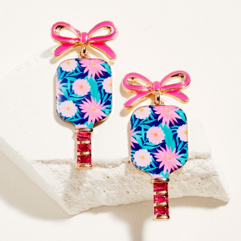 Navy Pink Floral Bow PickleBall Earrings 1.75" Trendy Dangle Paddle Gold Blue